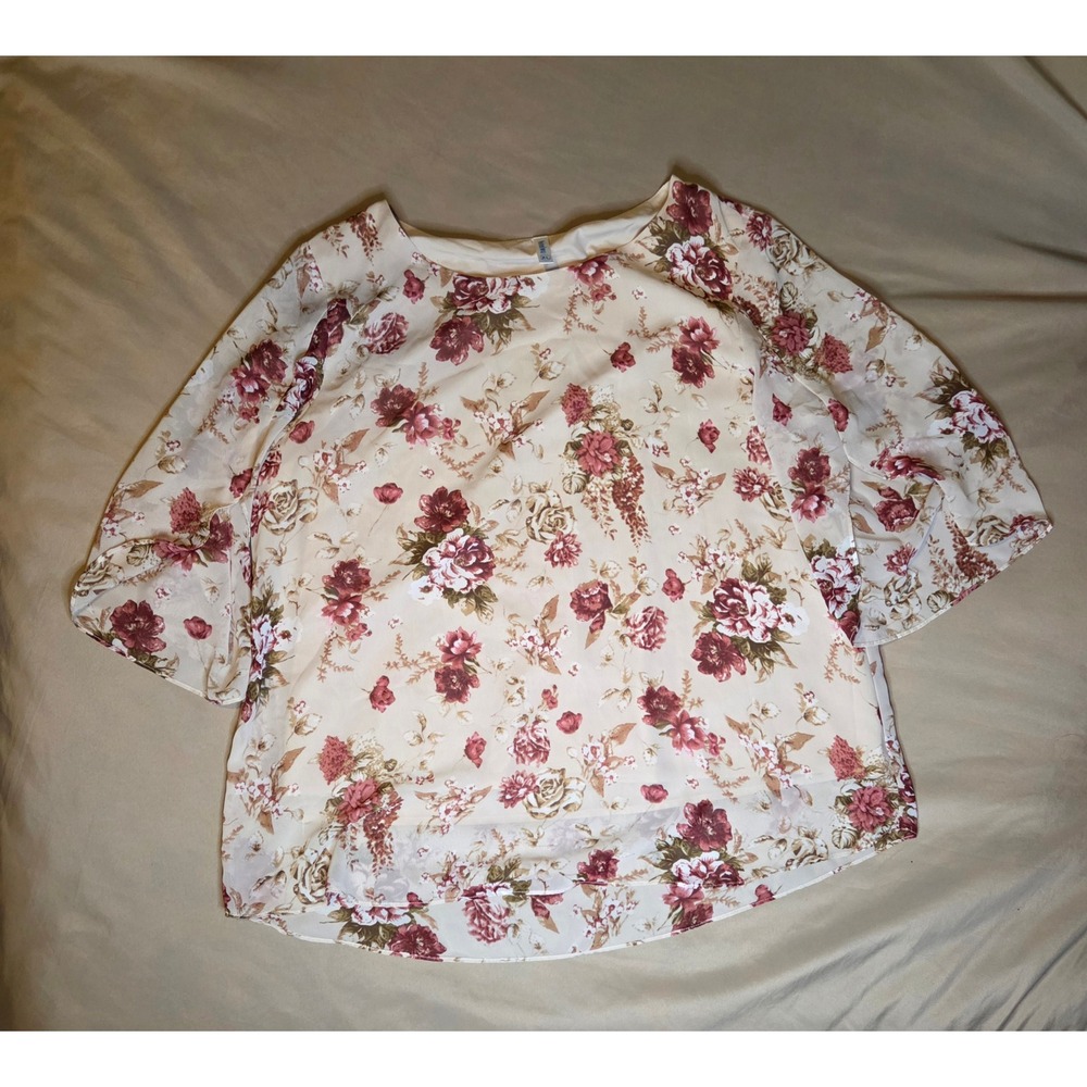 Neineiwu Floral Bell Sleeve Chiffon Blouse Tan Burgundy XL